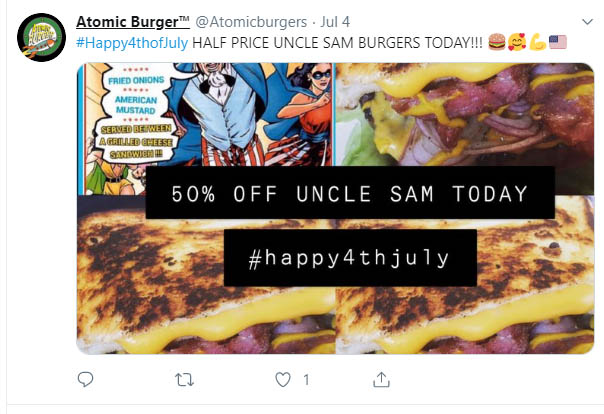Atomic Burgers 4th of July special burger deal tweet