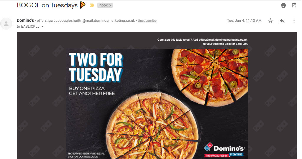 Domino's Two for Tuesday special pizza offer email