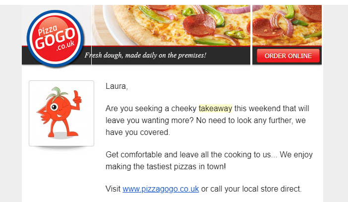 Pizza Go Go email marketing example