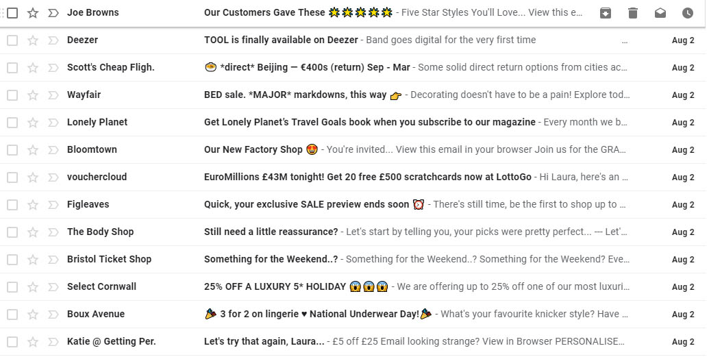 Examples of emojis as seen in Gmail inbox