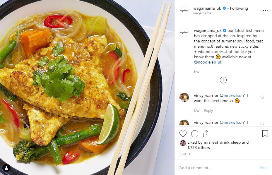 Wagamama UK Instagram post promoting their new menu